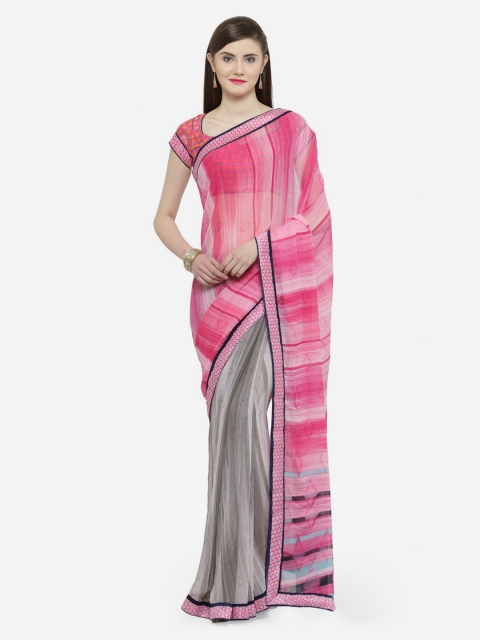 

Shaily Pink & Grey Striped Pure Georgette Saree