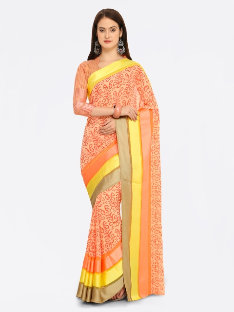 

Shaily Peach-Coloured & Yellow Cotton Blend Printed Saree