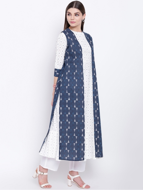 

Khushal K Women White & Blue Fit and Flare Dress