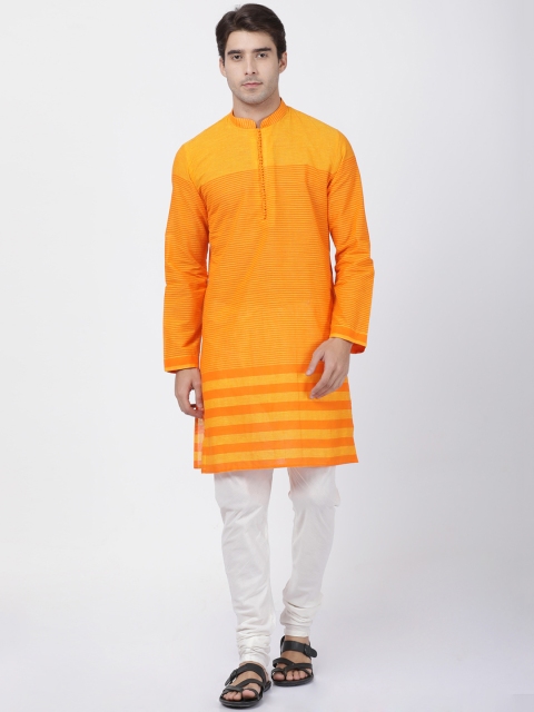 

VASTRAMAY Men Orange & Cream-Coloured Striped Kurta with Pyjamas