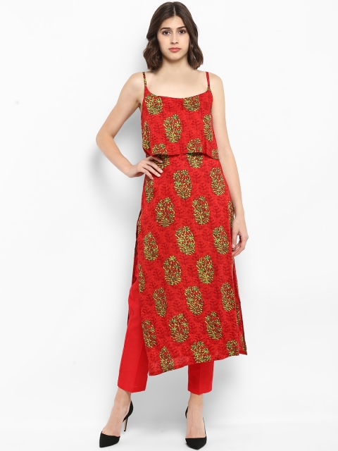 

MBE Women Red & Green Printed Straight Kurta