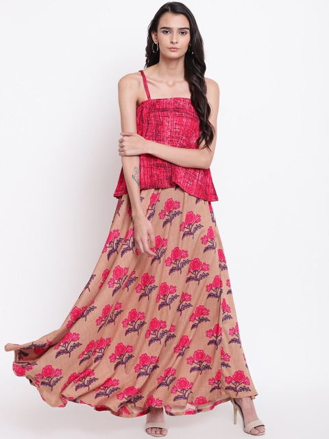 

trueBrowns Women Pink & Brown Printed Top with Skirt