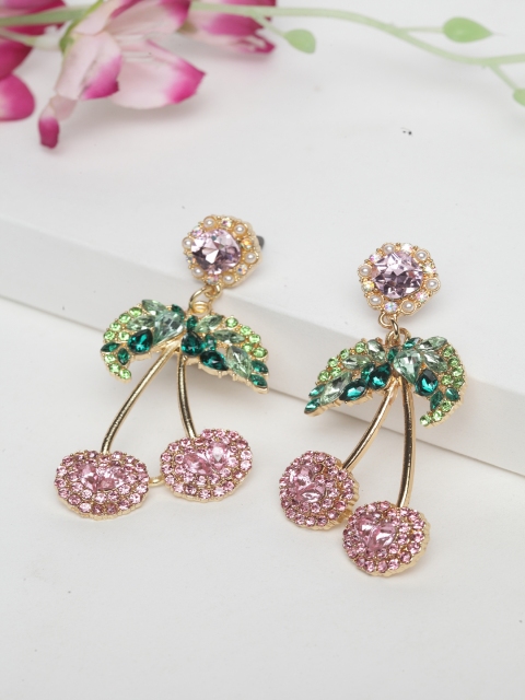 

AVANT-GARDE PARIS Women Pink & Green Gold-Plated Contemporary Drop Earrings