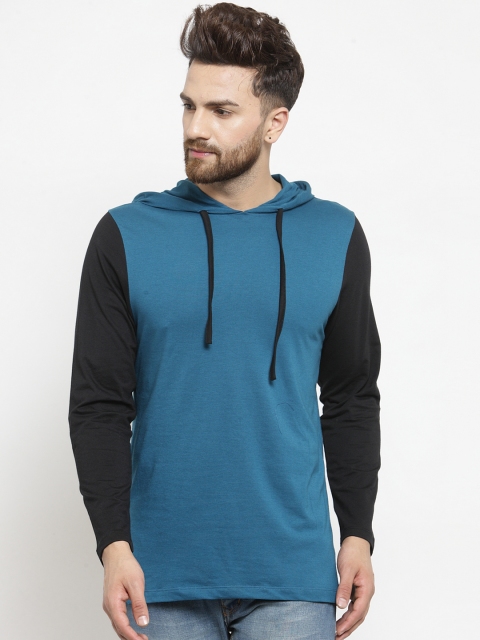 

Kalt Men Teal Blue Solid Hooded Sweatshirt