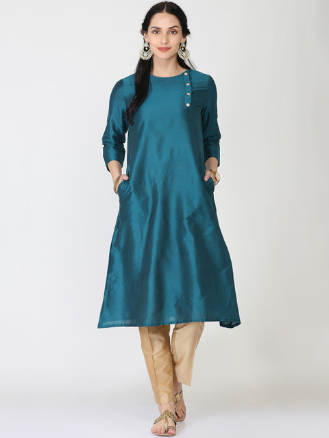 

Abhishti Women Teal Woven Design A-Line Kurta