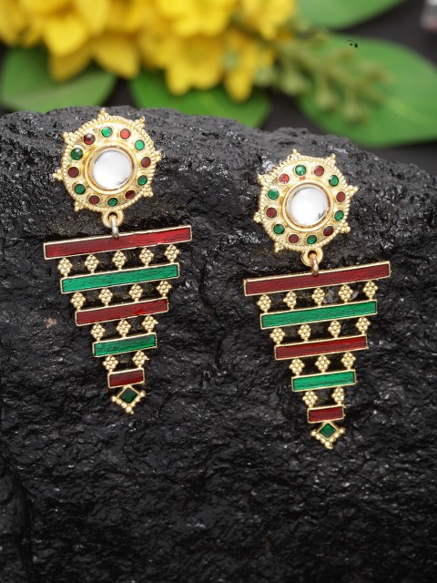 

Moedbuille Gold-Plated & Red Meenakari Geometric Drop Earrings