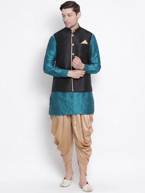 

VASTRAMAY Men Turquoise Blue & Black Solid Kurta with Dhoti Pants & Jacket