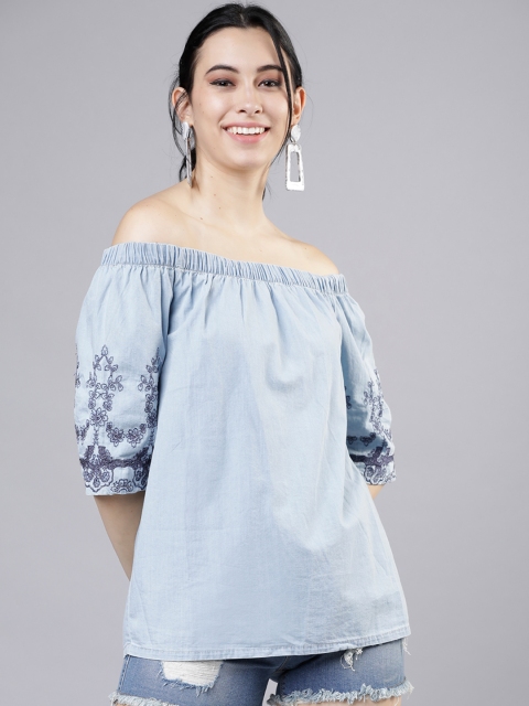 

Tokyo Talkies Women Blue Printed Bardot Pure Cotton Top