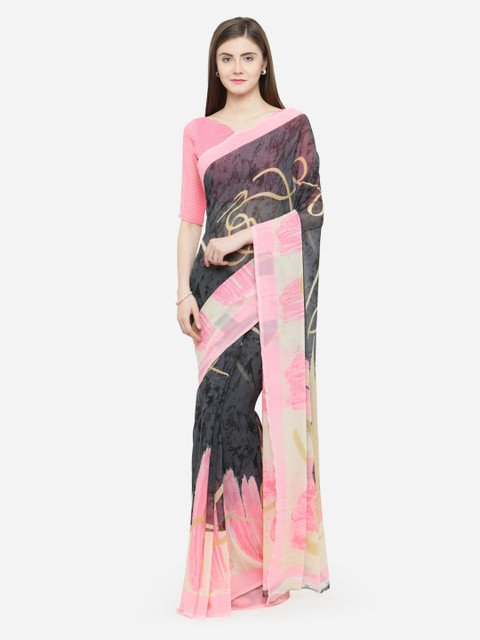 

Shaily Grey & Peach-Coloured Pure Georgette Printed Saree