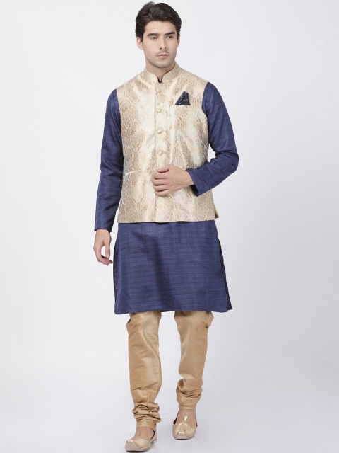 

VASTRAMAY Men Navy Blue & Beige Self Design Kurta with Pyjamas & Jacket