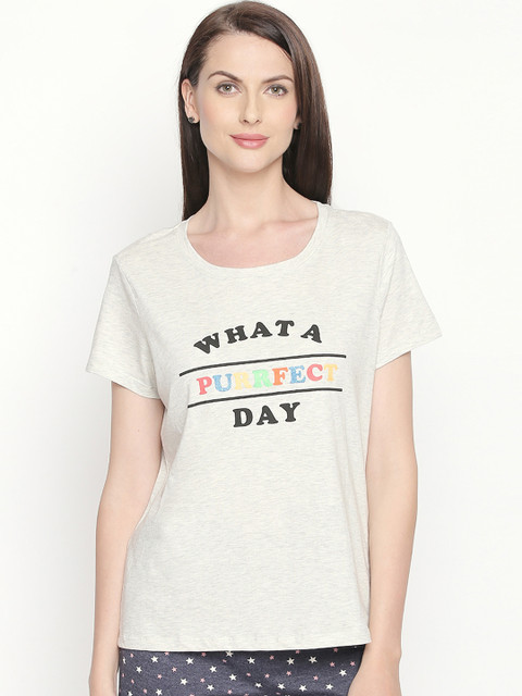 

Dreamz by Pantaloons Women Grey Melange Printed Round Neck T-shirt