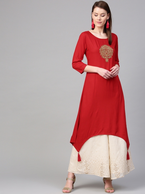 

Varanga Women Red Embroidered A-Line Kurta