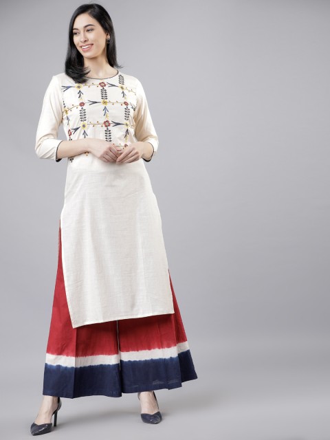 

Vishudh Women Cream-Coloured Embroidered Kurta with Palazzos