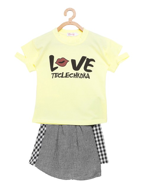 

Camey Girls Yellow & Black Printed Top with Skirt