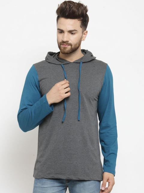 

Kalt Men Grey Melange & Teal Blue Solid Hood T-shirt