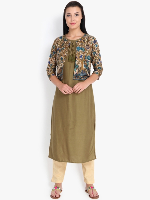 

rangeelo rajasthan Women Green Peacock & Floral Printed Straight Kurta