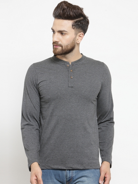 

Kalt Men Grey Melange Solid Mandarin Collar T-shirt