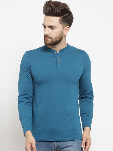 

Kalt Men Teal Blue Solid Henley Neck T-shirt