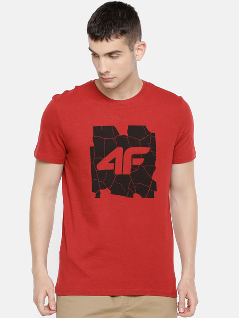 

4F Men Red Melange Printed Round Neck Pure Cotton T-shirt
