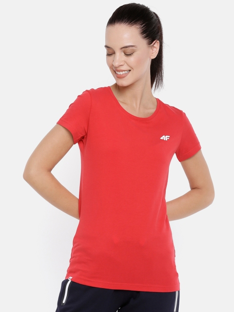 

4F Women Red Solid Round Neck T-shirt