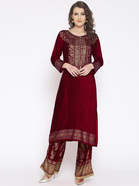 

Chhabra 555 Women Maroon & Gold-Toned Printed Kurta with Palazzos