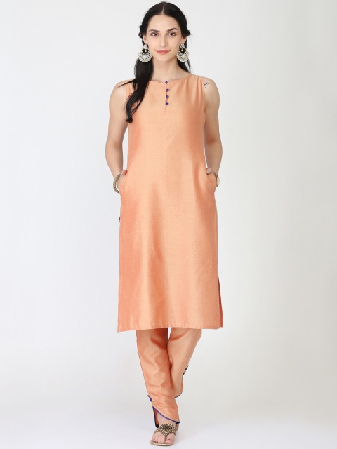 

Abhishti Women Peach-Coloured Woven Design Straight Kurta