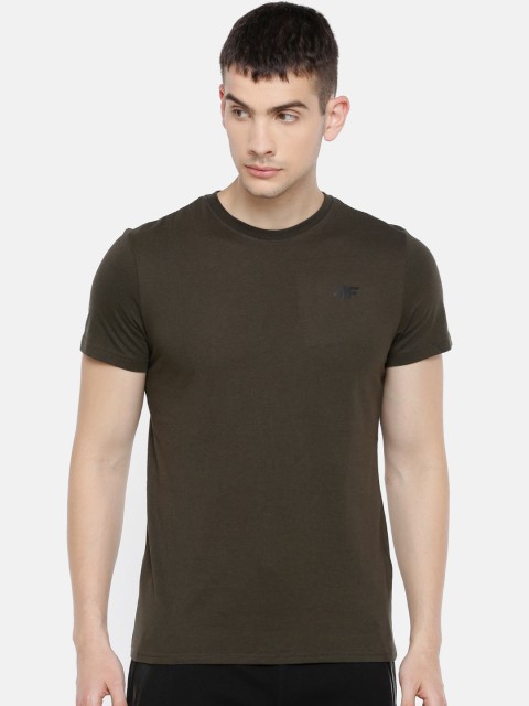 

4F Men Khaki Melange Solid Round Neck T-shirt, Green