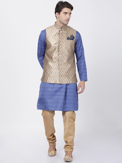 

VASTRAMAY Men Blue & Beige Self Design Kurta with Pyjamas & Jacket