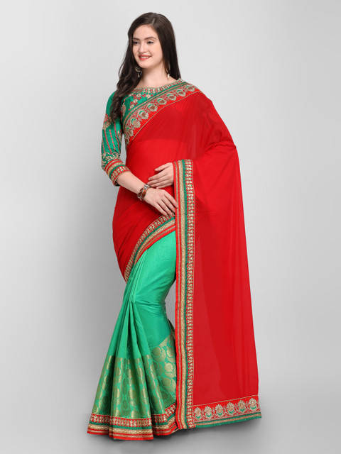 

Shaily Red & Green Pure Silk Woven Design Saree