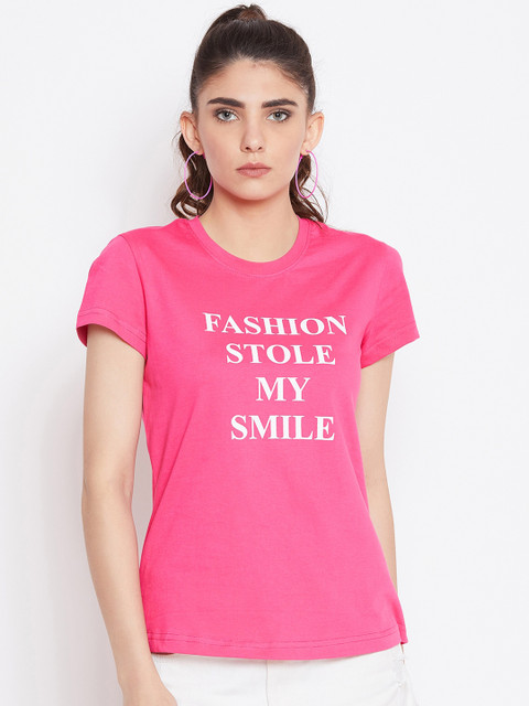 

THE SILHOUETTE STORE Women Pink Printed Round Neck T-shirt