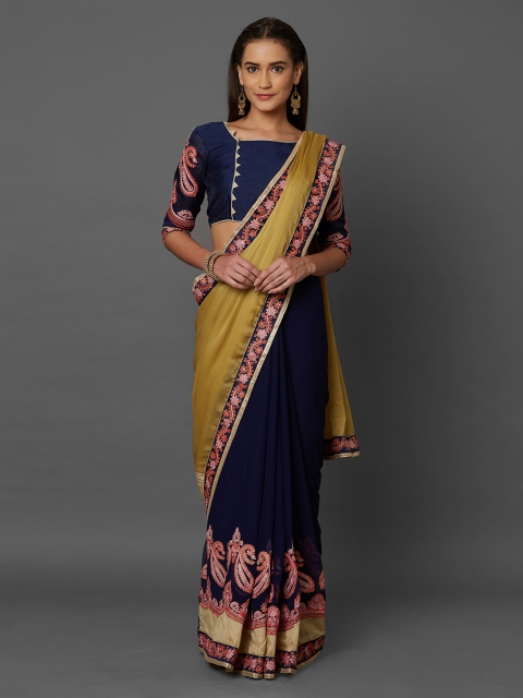 

Mitera Mustard & Navy Blue Poly Georgette Embroidered Saree