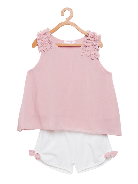 

Camey Girls Peach-Coloured & White Solid Top with Shorts