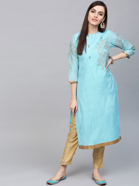 

Shakumbhari Women Blue Embroidered Straight Kurta