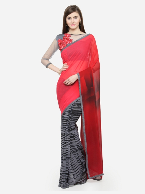 

Shaily Pink & Grey Pure Georgette Striped Saree