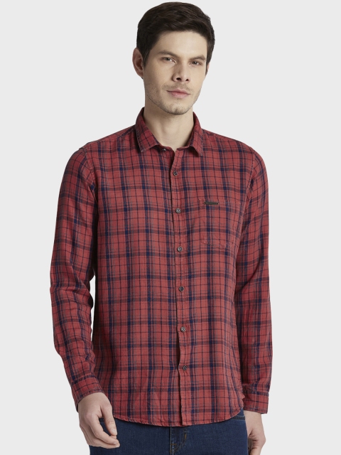 

ColorPlus Men Rust Red & Navy Blue Regular Fit Checked Casual Shirt