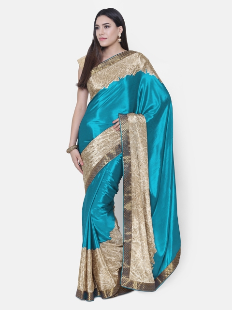 

Chhabra 555 Turquoise Blue & Beige Poly Silk Printed Saree