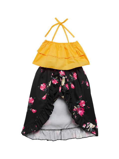 

Camey Girls Yellow & Black Solid Top with Skirt
