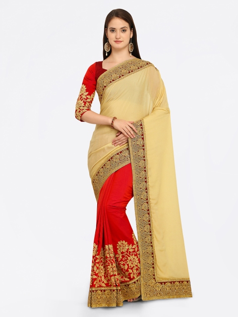 

Shaily Beige & Red Satin Silk Saree With Embroidered Detail