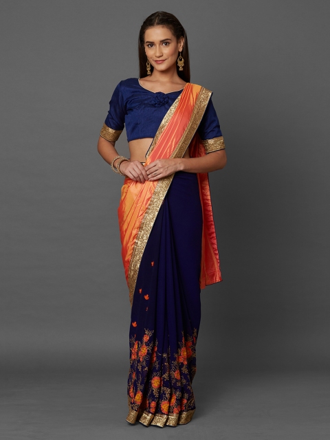 

Mitera Orange & Navy Blue Poly Georgette Embroidered Saree