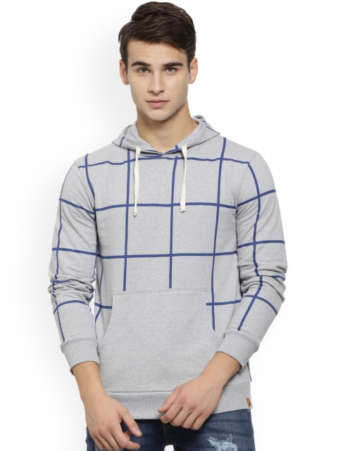 

Campus Sutra Men Grey & Blue Checked Hooded Sweatshirt