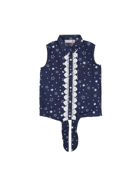 

Pantaloons Junior Girls Navy Blue Floral Printed Shirt Style Pure Cotton Top