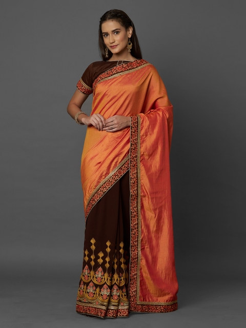 

Mitera Orange & Brown Poly Georgette Embroidered Saree