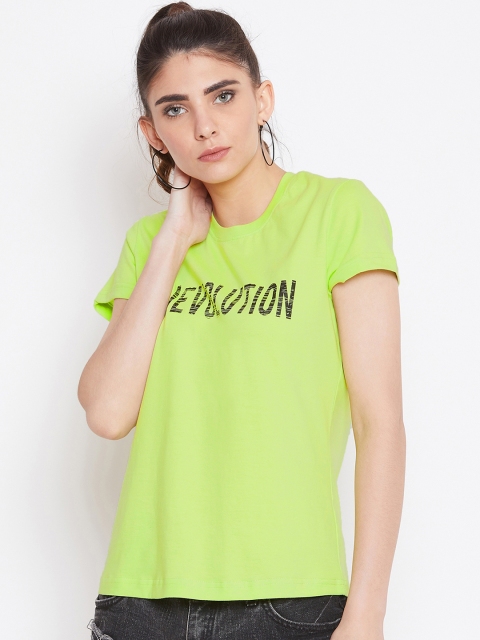 

THE SILHOUETTE STORE Women Lime Green Printed Round Neck Pure Cotton T-shirt