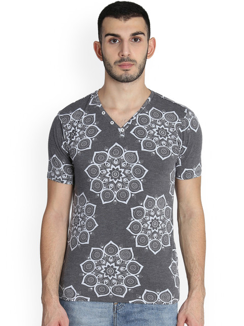 

LA LOFT Men Grey & White Printed V-Neck T-shirt