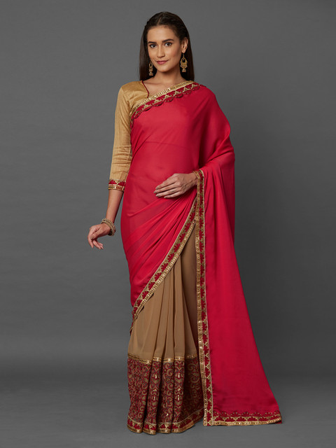 

Mitera Pink & Beige Poly Georgette Embroidered Saree
