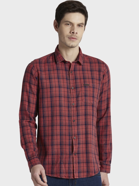 

ColorPlus Men Rust Red & Navy Blue Regular Fit Checked Casual Shirt