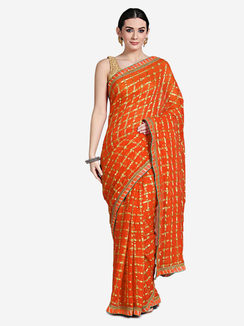 

Chhabra 555 Orange & Rust Poly Georgette Checked Saree