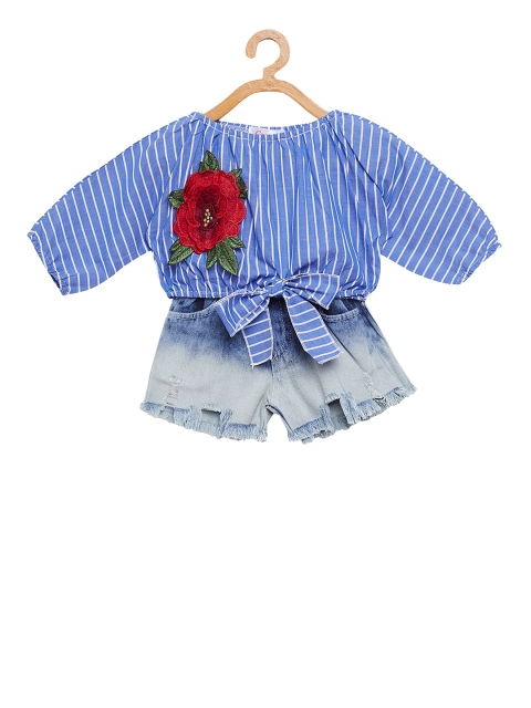 Camey Girls Blue Striped Top with Denim Shorts