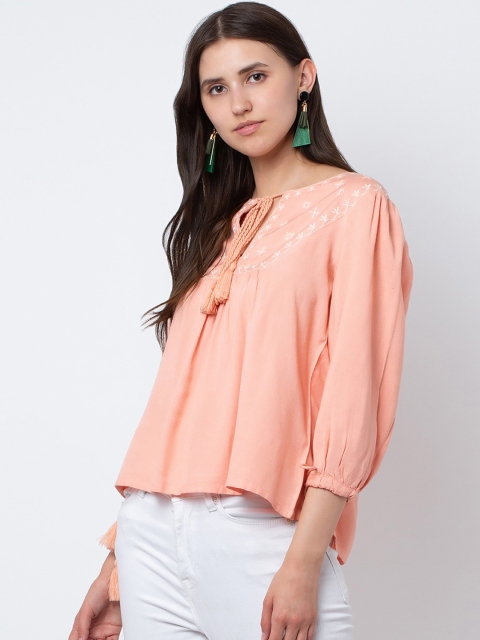 

DODO & MOA Women Peach-Coloured Embroidered A-Line Top