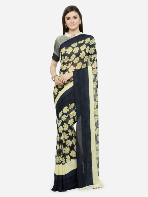 

Shaily Navy Blue & Yellow Pure Georgette Printed Saree